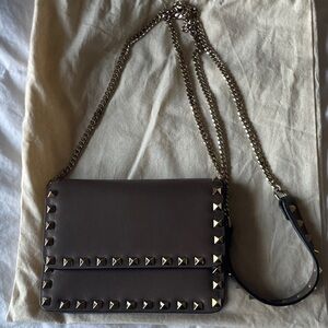 Valentino Taupe Leather Rockstud Crossbody with Chain Strap